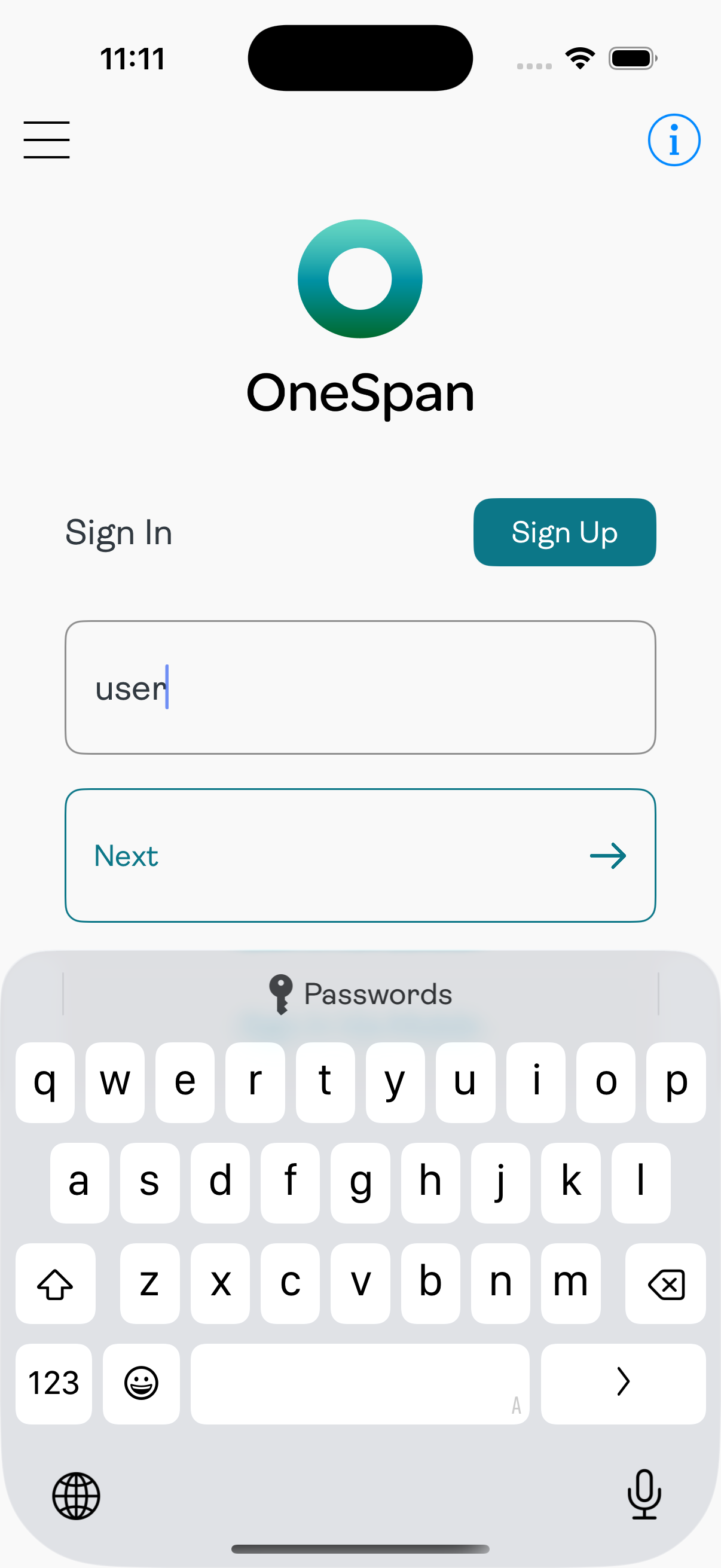 OneSpan login screen with user input field and sign-in options displayed.